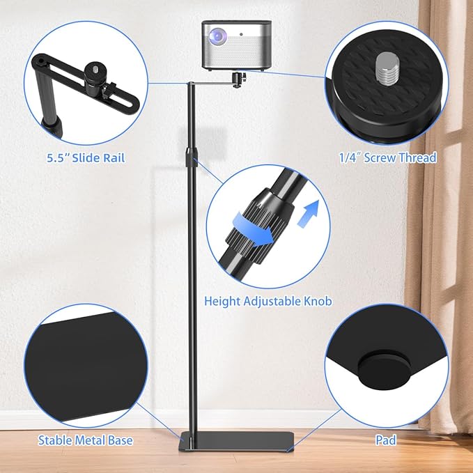 suptek Projector Stand Against Wall Hidden Stand, 360°Swivel, Height Adjustable - Image 6