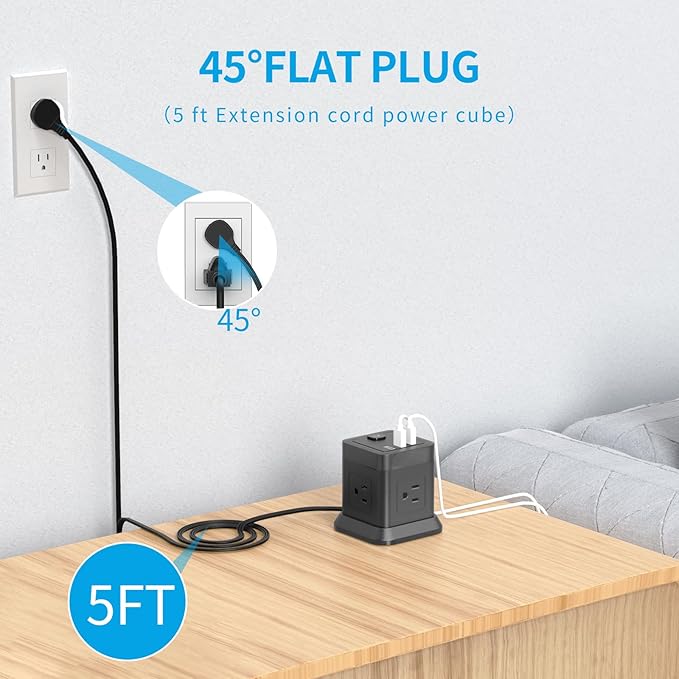 Power Strip with USB C, FDTEK Flat Plug Extension Cord with 4 Outlets and 3 USB - Image 3