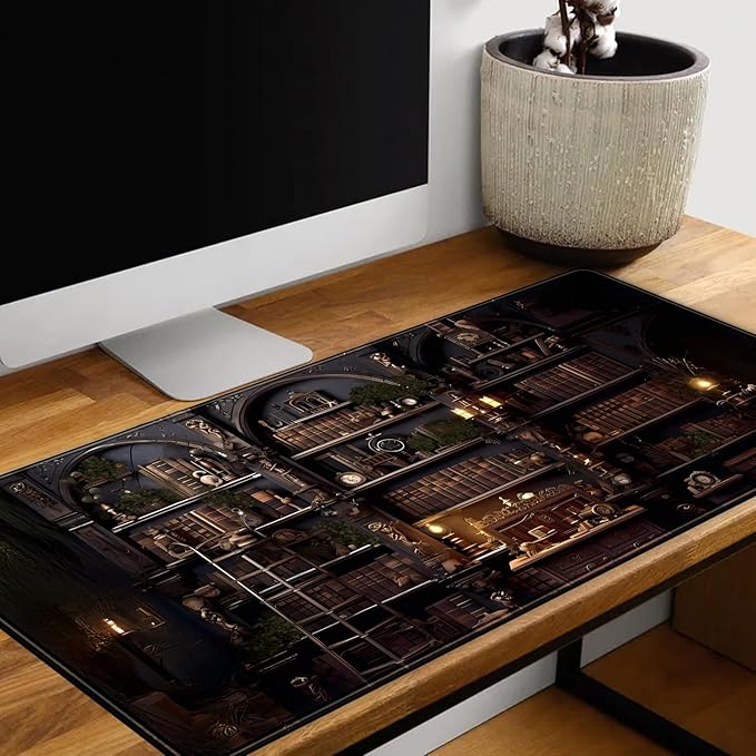 Black Vintage Gothic Desk Mat Black Dark Academia Desk Pad Medieval Bookshelf - Image 5