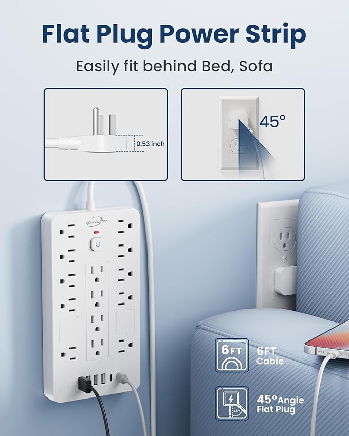 JouleLoom Surge Protector Power Strip-14 Outlets and 6 USB Ports, 6 Feet Flat - Image 5