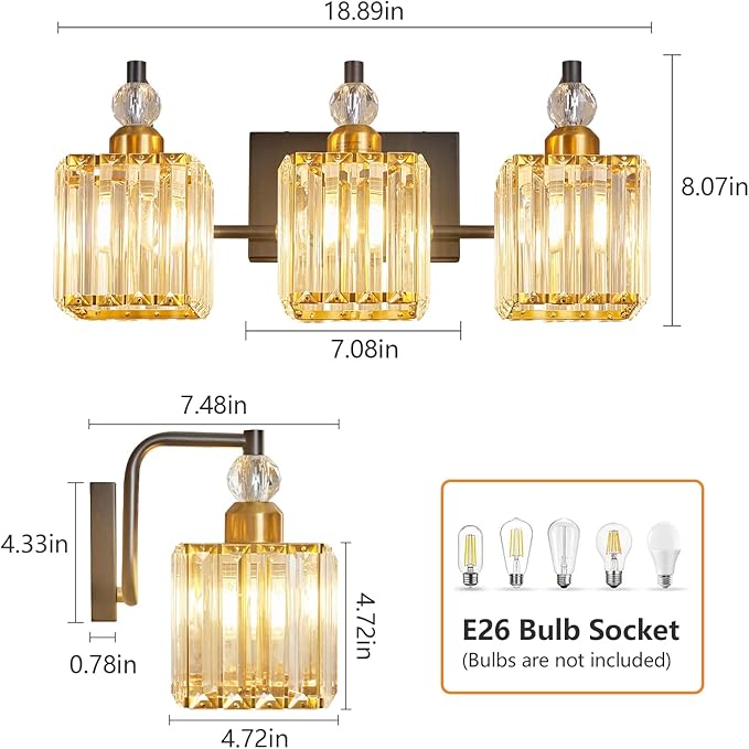 BBLLWJ Bathroom Vanity Lights 3-Light Bathroom Light Gold Brushed Brass Finish - Image 2