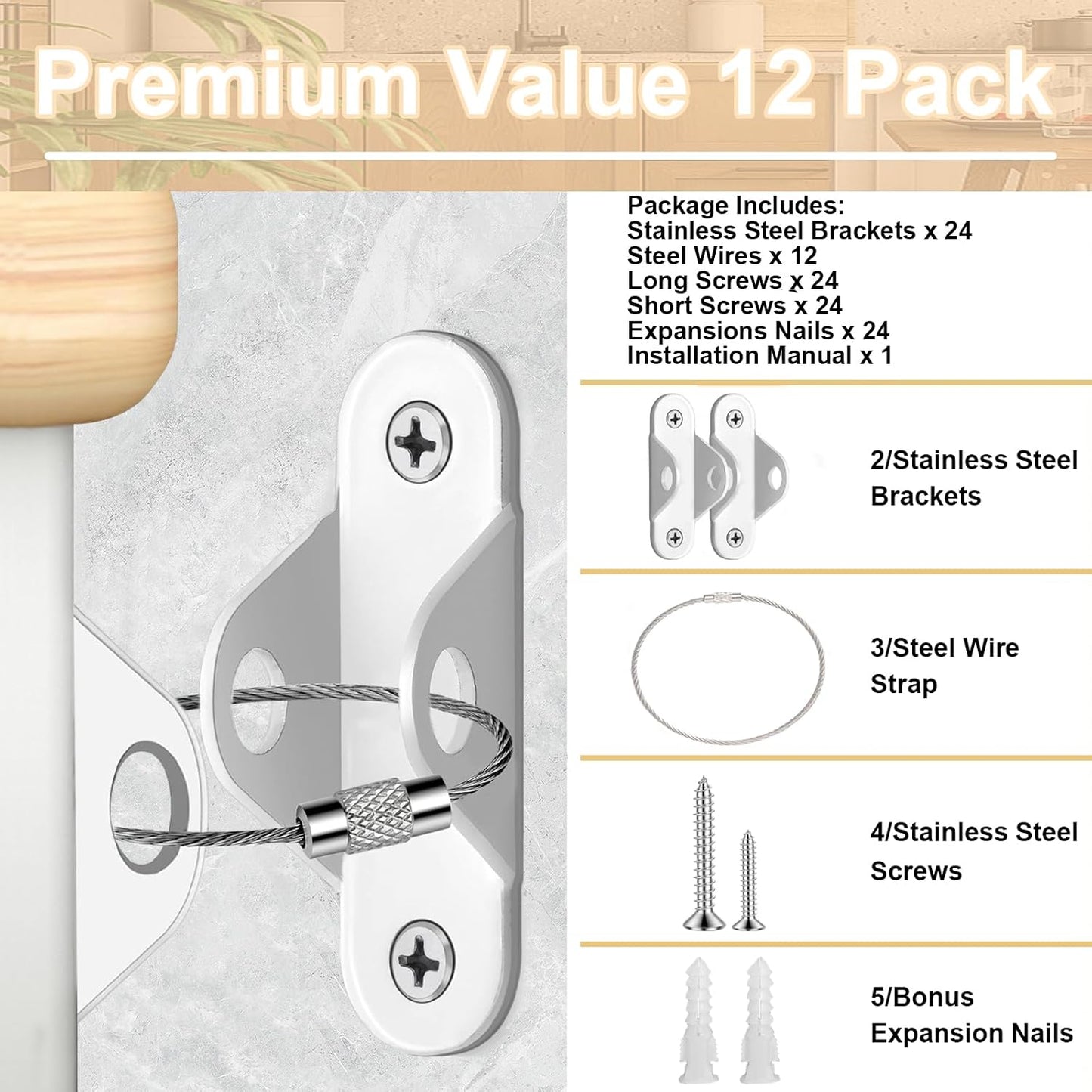 Furniture Anchors (12 Pack) for Baby Proofing & Pet Protecting, Furniture Straps Anti Tip Furniture Wall Anchor Securing 400 lbs/Keep Baby Pet Safety from Falling Furniture, Earthquake Straps