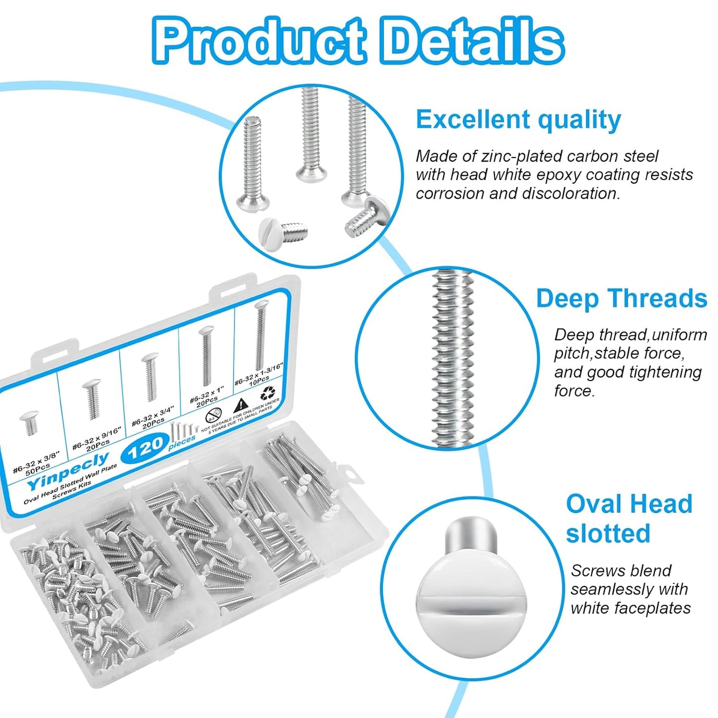 120PCS White Wall Plate Screws Kit, #6-32 Outlet Cover Screws | Electrical Cover Panel Switch Plate Screws 5 Length Sizes (3/8", 9/16", 3/4", 1", 1-3/16")