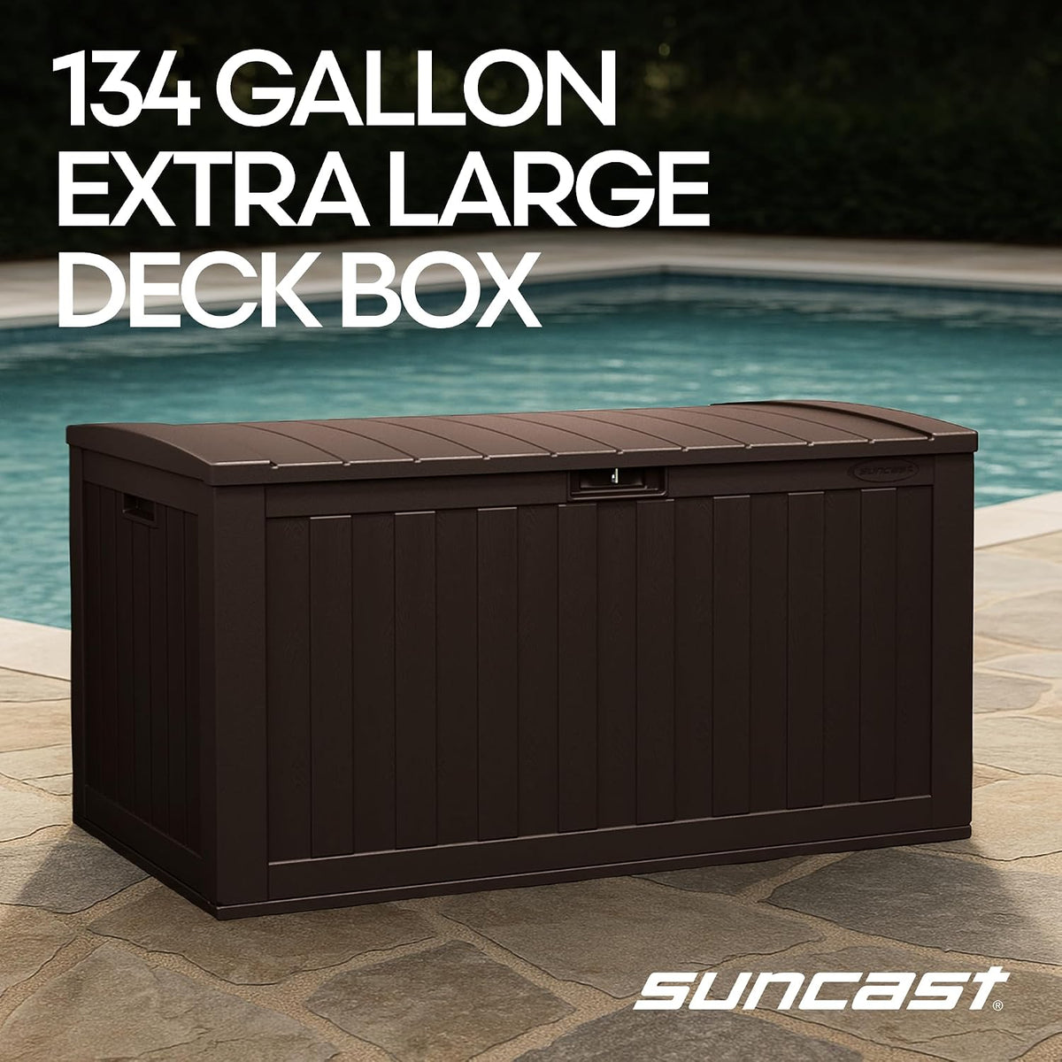 suncast 134-gal. resin extra-large outdoor patio deck box shown in use