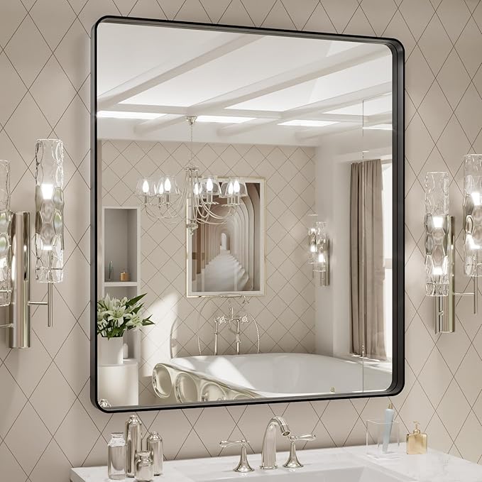LOAAO 32x36 Inch Black Metal Framed Bathroom Mirror by LOAAO