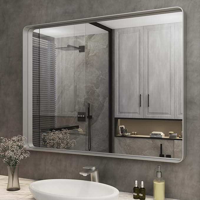 ISKM Silver Framed Mirror for Wall 40"x 30", Brushed Silver Bathroom Vanity by ISKM-IStillKeepMovin