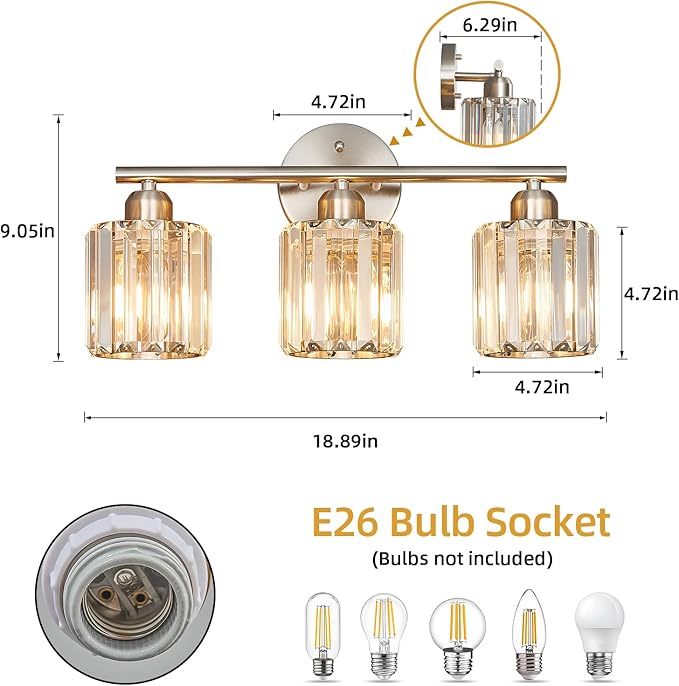 FDPBY Modern 3 Light Crystal Vanity Light, Brushed Nickel Vertical Bathroom - Image 3