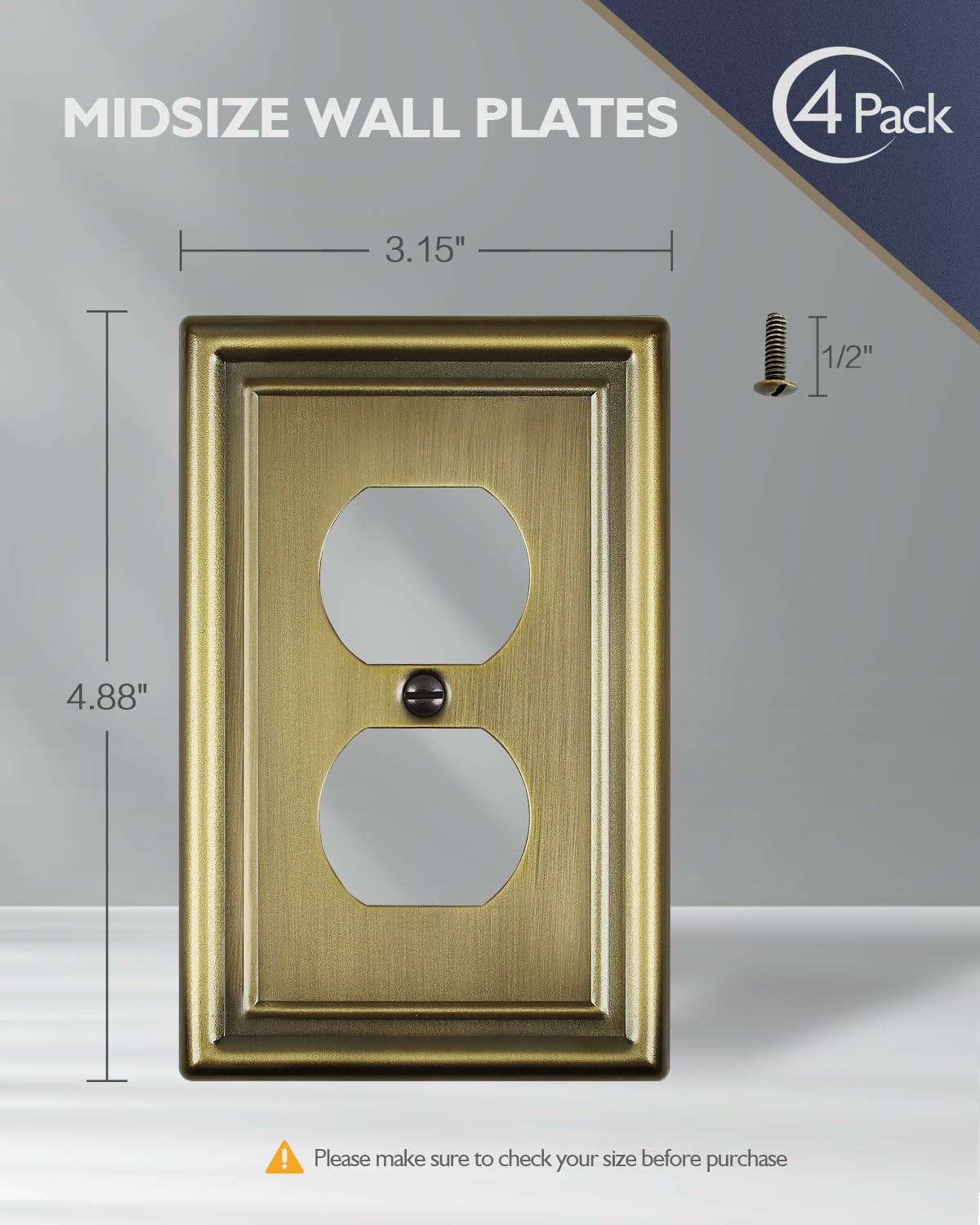 Switch Plates Outlet Covers, 4-Pack Antique Brass Metal Wall Plate | Midsize Duplex Outlet Cover, Perfect for Electrical Outlets, Light Switches Replacement & Renovation for Any Room