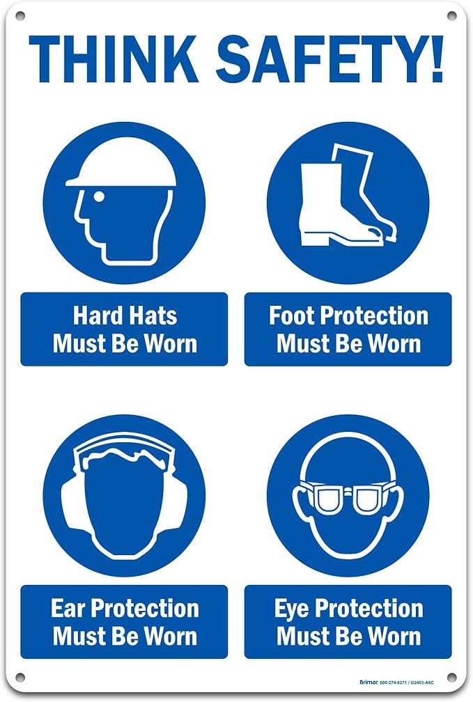Brimar - 12" x 18" - Think Safety PPE Must Be Worn Sign - .063″ White Rust-Free by BrimarIndustries