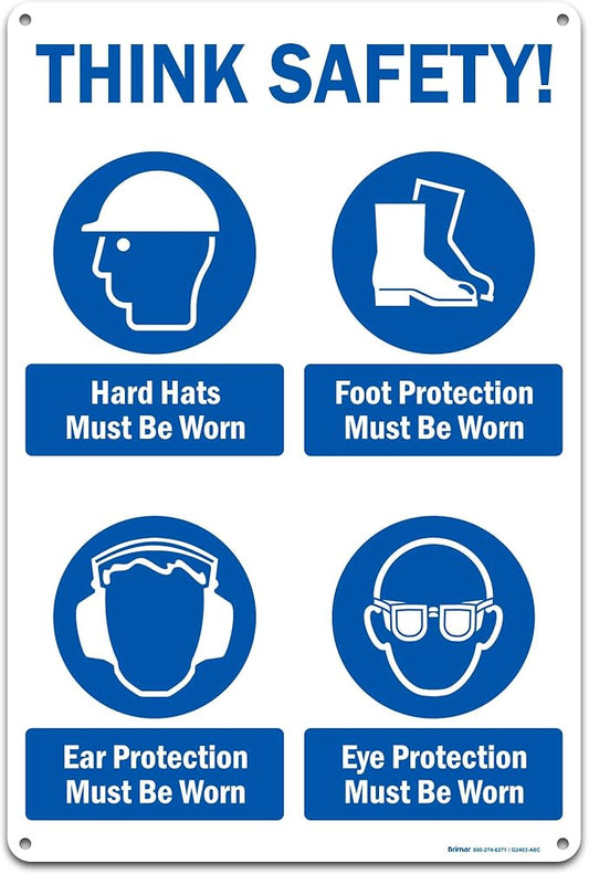 Brimar - 12" x 18" - Think Safety PPE Must Be Worn Sign - .063″ White Rust-Free by BrimarIndustries