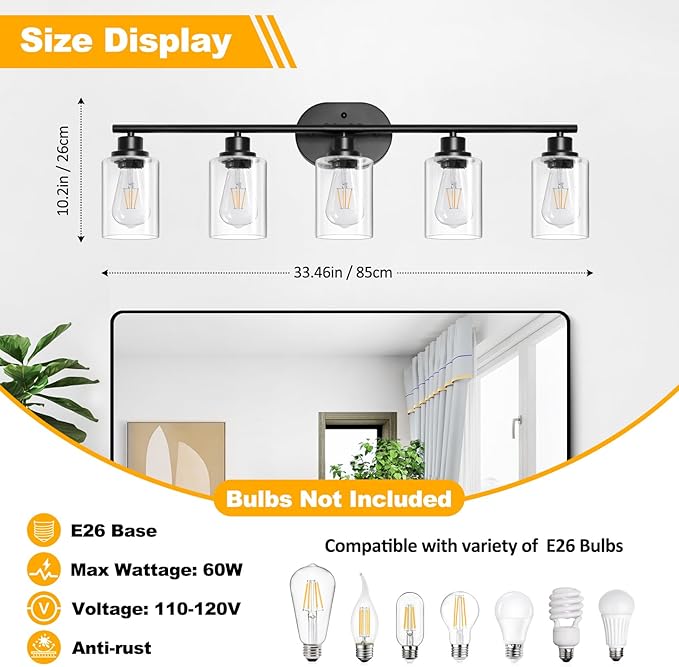 Unicozin 5 Light Bathroom Light Fixtures, 33.5 Inch Vanity Lights - Image 2