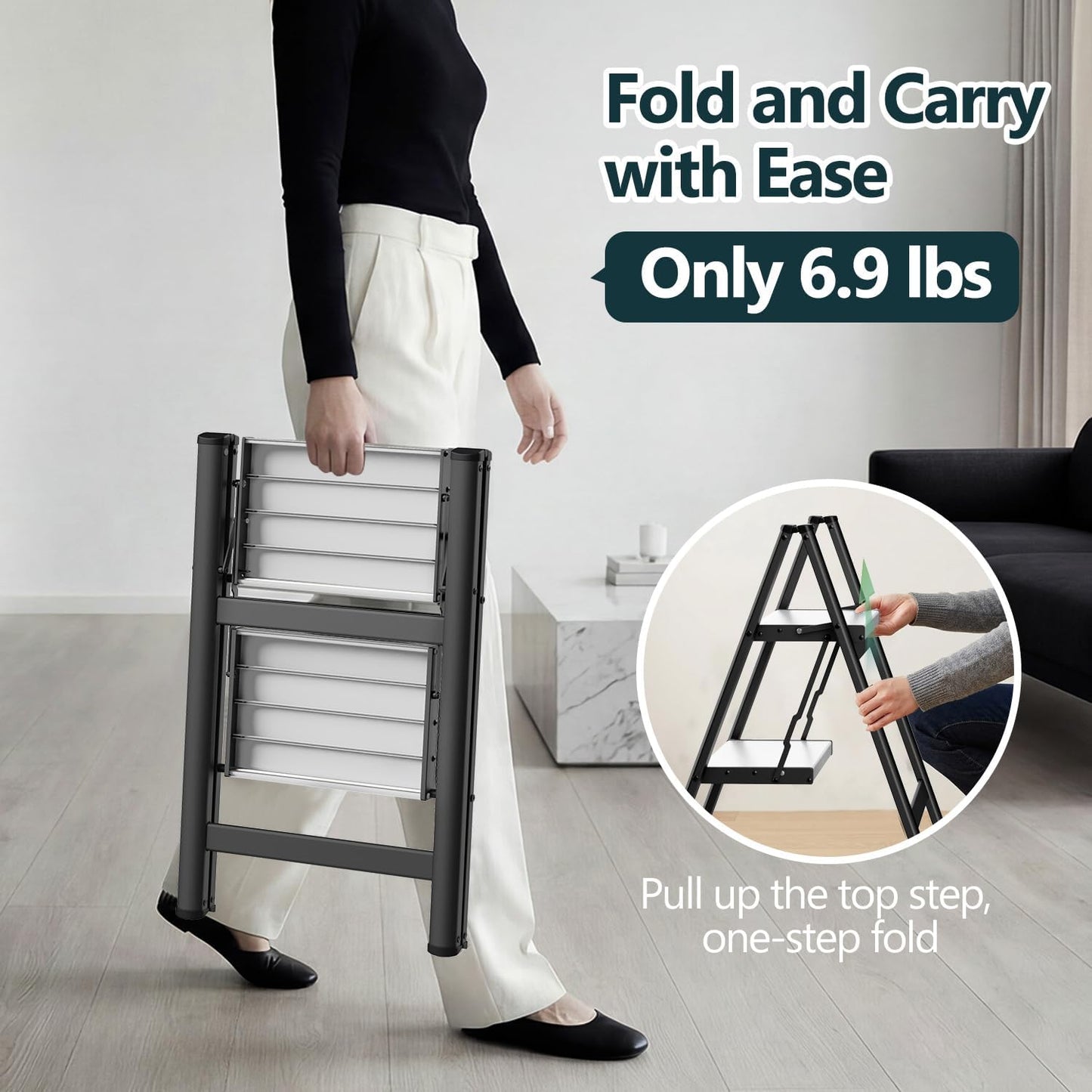 2 Step Ladder, Foldable Step Stool, 300lbs Load, Black & White | Folded 27''H x 3''T; Net 6.9 lbs; Rigid Aluminum Steps; No Assembly; For Home, Kitchen, Office, Pantry, Closets, Cabinets