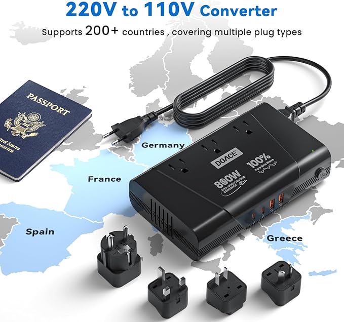 DOACE 800W Universal Travel Adapter: 220V to 110V Pure Sine Wave, EU Step-Down - Image 2