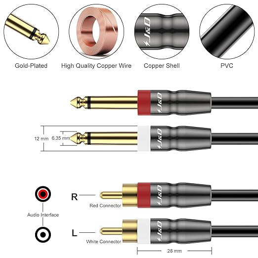 J&D Dual 1/4 inch TS to Dual RCA Cable, Heavy Duty 1/4 Male to RCA Male Adapter - Image 2