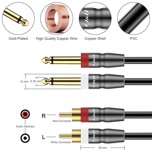 J&D Dual 1/4 inch TS to RCA Cable, 9 feet, Heavy Duty Audio Interconnect - Image 2