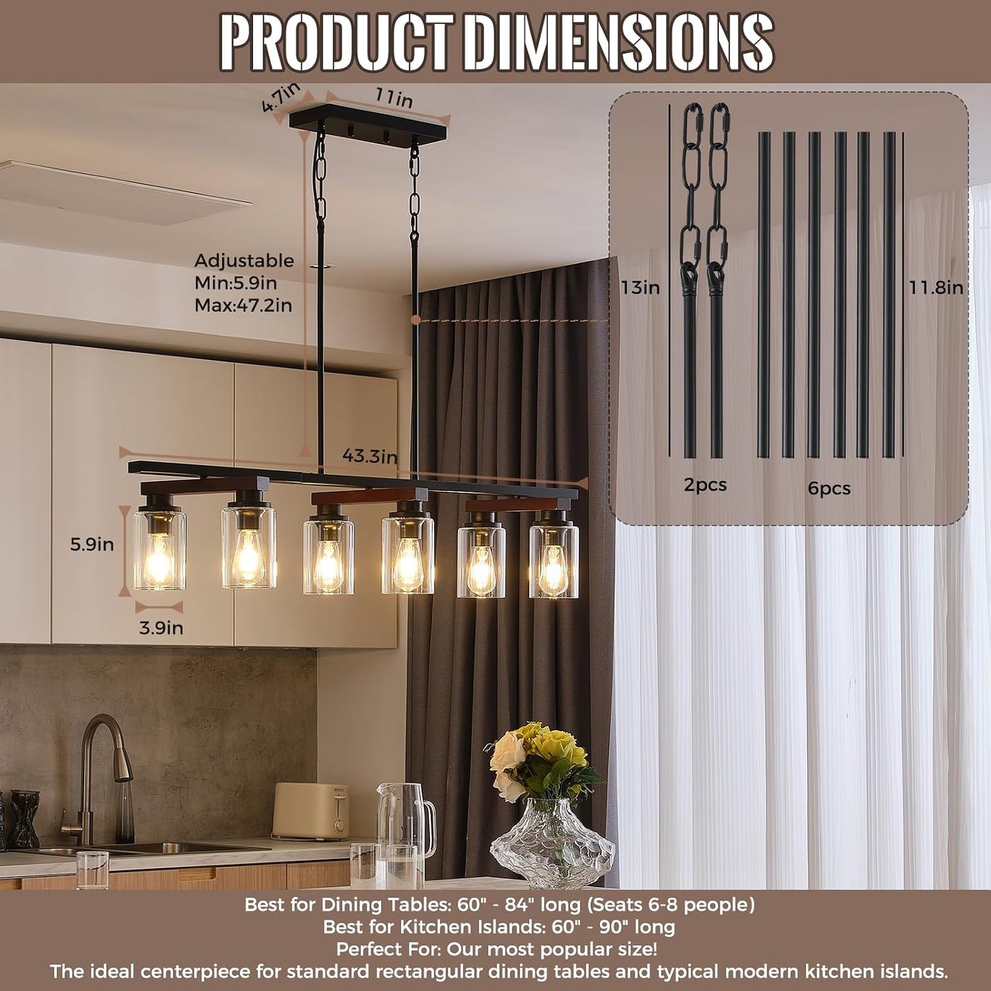 6-Light Black Linear Chandelier,43.3" Dining Room Light Fixture Over Table | Rotating Arms,Wooden Accents,Clear Glass,Adjustable Height, Sloped-ceiling Support for Kitchen Islands, Dining Tables,Bars.