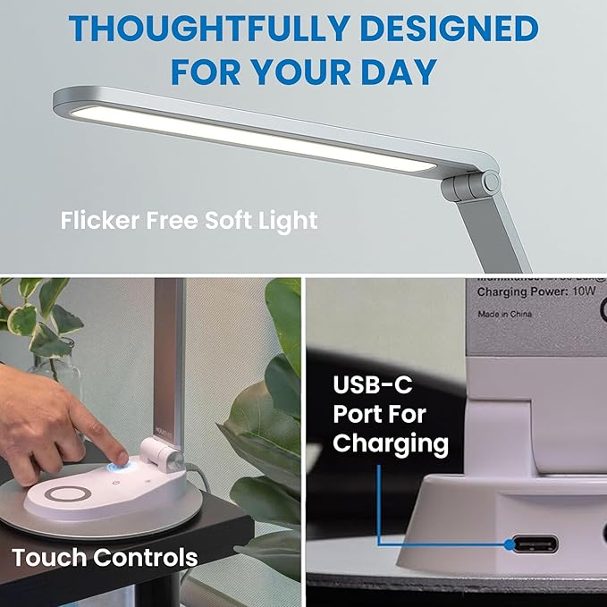 Mount-It! LED Desk Lamp with Wireless Charger and USB-C Charging Port, Dimmable - Image 6