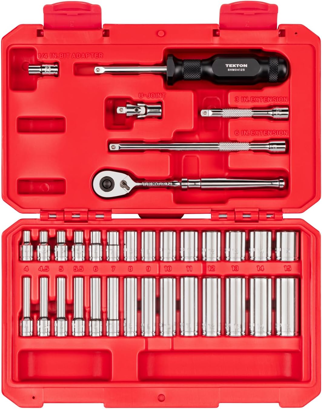 TEKTON 1/4 Inch Drive 6-Point Socket and Ratchet Set with Case, 34-Piece (4-15 mm) | SKT05202