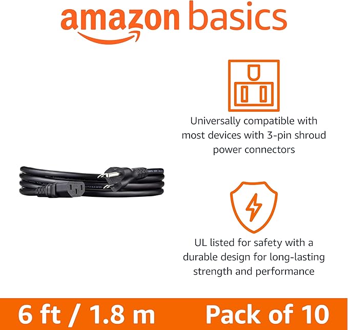 Amazon Basics PC Power Cord, 6 feet, AC Power Cord - Image 2