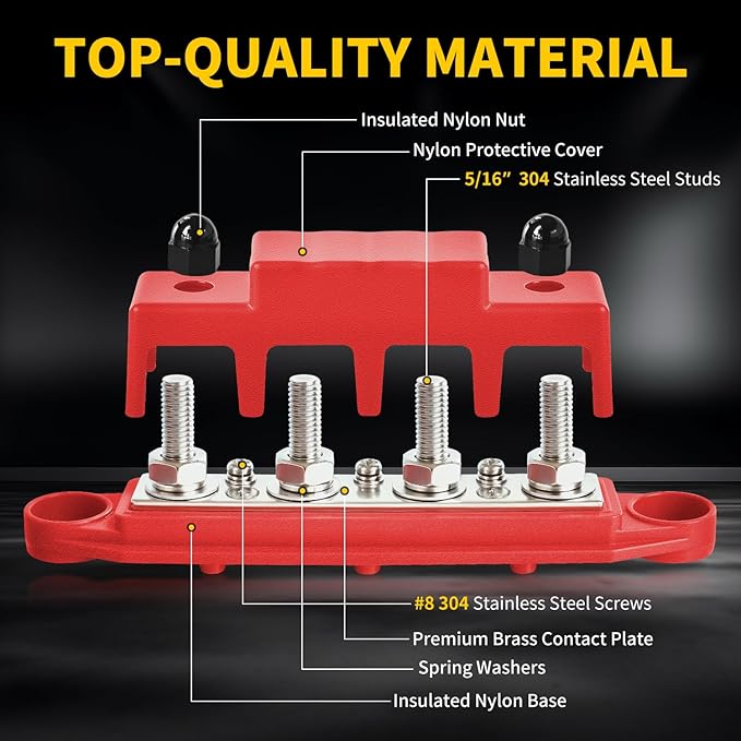 Bolipoeq Bus Bar 250A 12V Power Distribution Block 4 x 5/16" Studs - Image 3