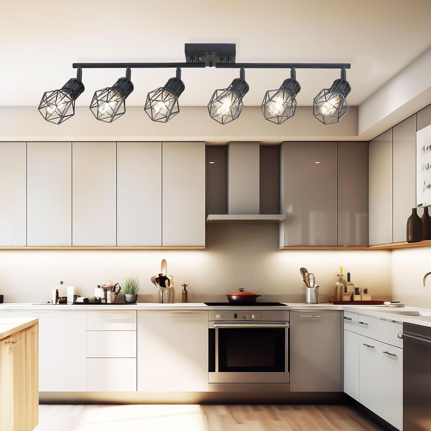 Matte Black Ceiling Mount Track Lighting 6-Light E26 for Kitchen | Matte Black 6-Light Farmhouse Track Lighting, Metal Cage, Adjustable Heads, E26 Base for Kitchen Bathroom Living Room