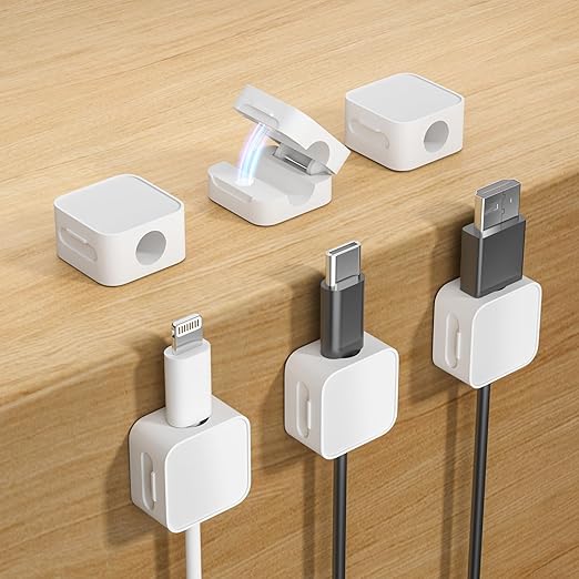 6 White Magnetic Cable Clips, Under Desk Cable Management, Cord Holder by Unknown