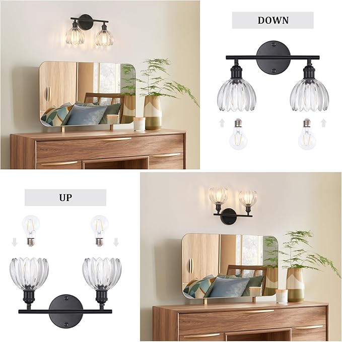 Shenmoyl Bathroom Light Fixtures, 2-Light Black Vanity Wall Light Over Mirror - Image 6
