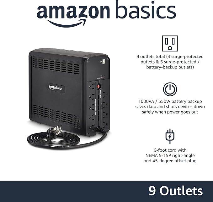 Amazon Basics UPS Battery Backup & Surge Protector 1000VA/550W, 9 Outlets - Image 2