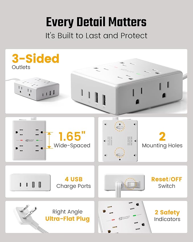 Flat Plug Surge Protector Power Strip, 6ft Ultra Thin Extension Cord - Image 8
