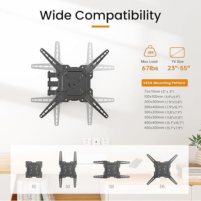 Full Motion TV Wall Mount for 23-55'' Flat & Curved TVs and Screen, Rotation - Image 2