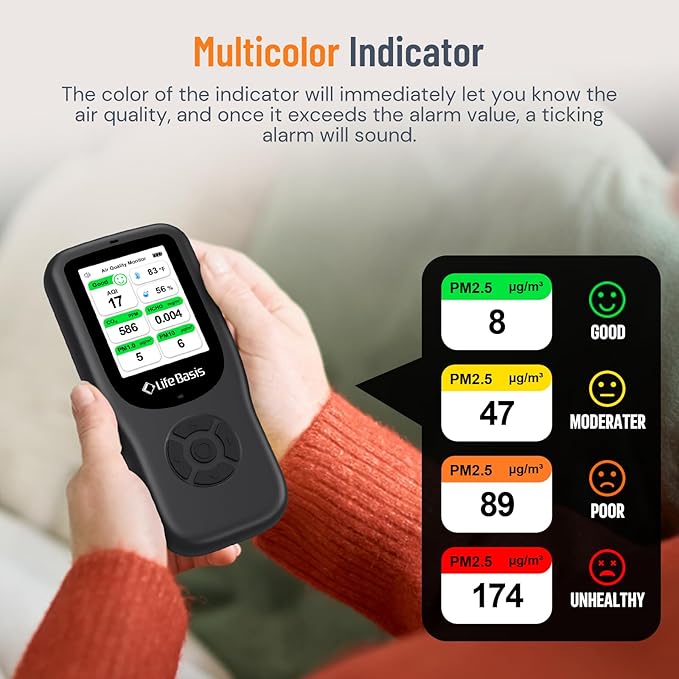 LifeBasis Air Quality Monitor Indoor, 11-in-1 Air Quality Detector - Image 3
