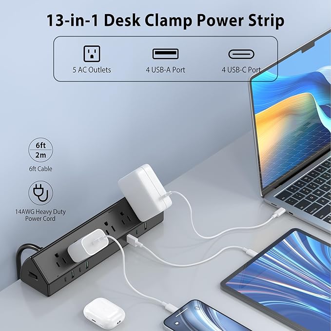Jgstkcity Desk Clamp Power Strip, 45W Fast Charging Station, 4 USB-C, 4 USB-A - Image 2