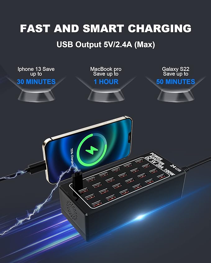 24-Port 100 watt USB Charging Station, Travel Desktop USB Rapid Charger - Image 3