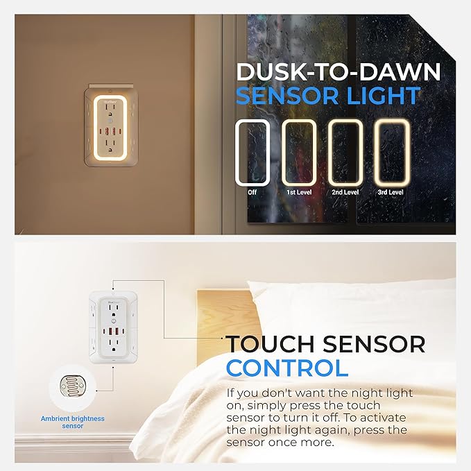Wall Mount Power Strips Wall Charger 6 Outlet Extender 4 USB Ports and Night - Image 5