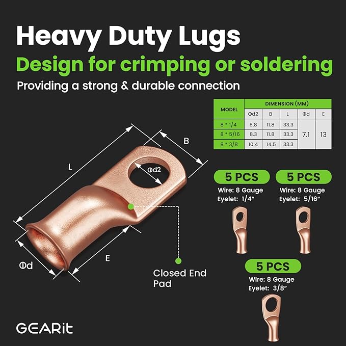 GEARit 8 Gauge Ground Wire Kit, All-in-One Kit: Crimping Tool, 15 Lugs - Image 4