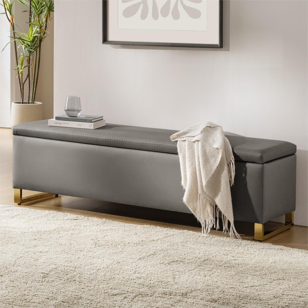 60" leather storage bench with throw ottomans, large, main product view