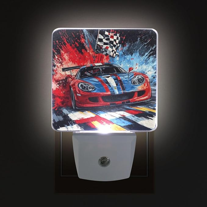 Pigsaly Led Night Light Red Blue Sports Car Checkered Flag Night Light Plug in - Image 4