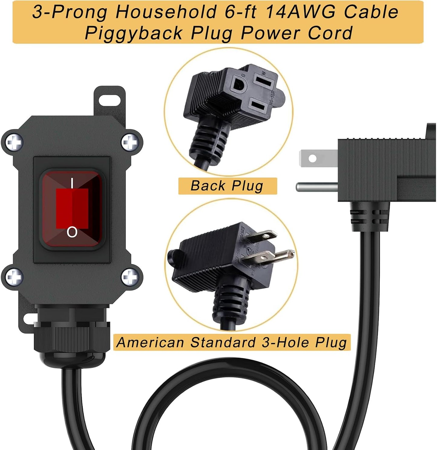 Inline Cord Switch with 6ft 14AWG Cable Piggyback Plug(3-Pronged), IP67 Waterproof Extension Cord with Red LED Rocker Button, AC/DC 20A-125V, 16A-250V Inline Power Switch (6FT)