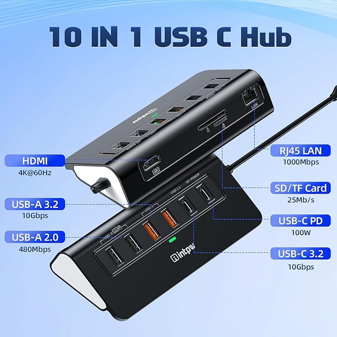 intpw P9R PRO USB C Hub Ethernet, 10Gbps USB C Docking Station 10-in-1 - Image 2