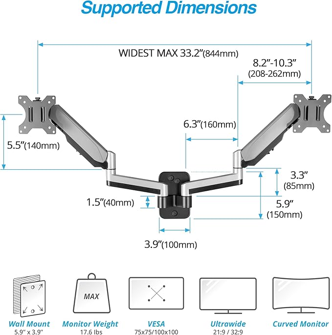 AVLT Dual 13"-32" Monitor Wall Mount fits Two Flat/Curved Computer Screen to - Image 2