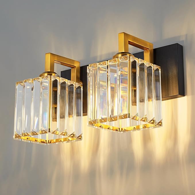 FDPBY Modern Bathroom Vanity Light 2-Lights Black Gold Crystal Wall Lamp by FDPBY