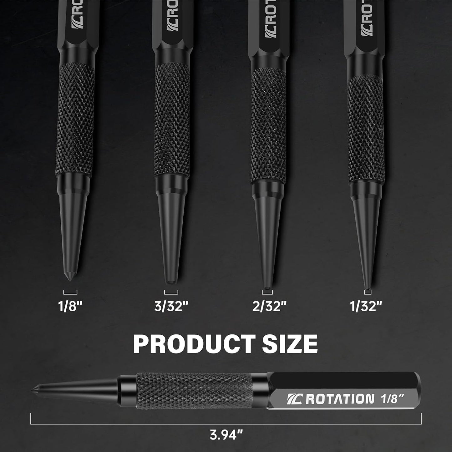 4-Piece Nail Punch and Center Punch Set, 1/32", 1/16", 3/32"& 1/8" | Hardened Cr-V Steel Construction, Non-Slip Knurled Grip, for Wood Metal