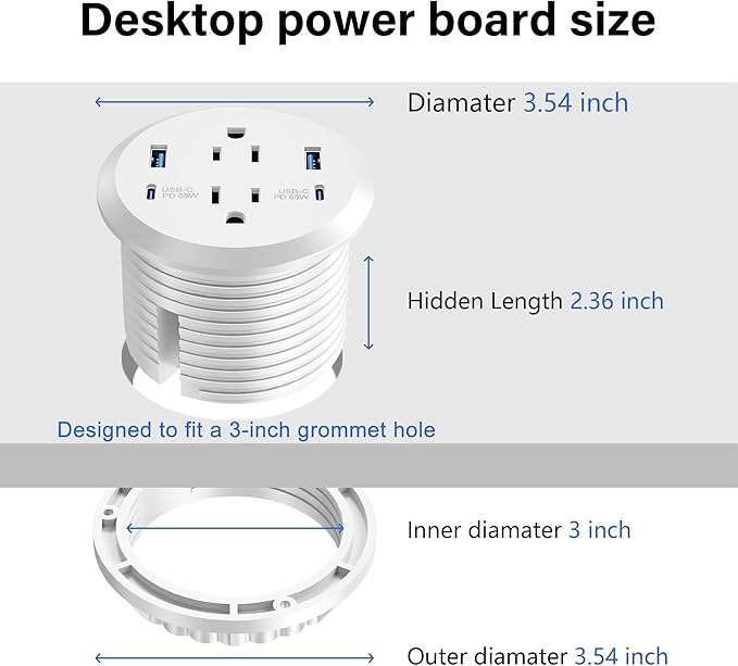 3 inch Desktop Power Grommet USB C, 65W Fast Charging Station, Furniture - Image 5