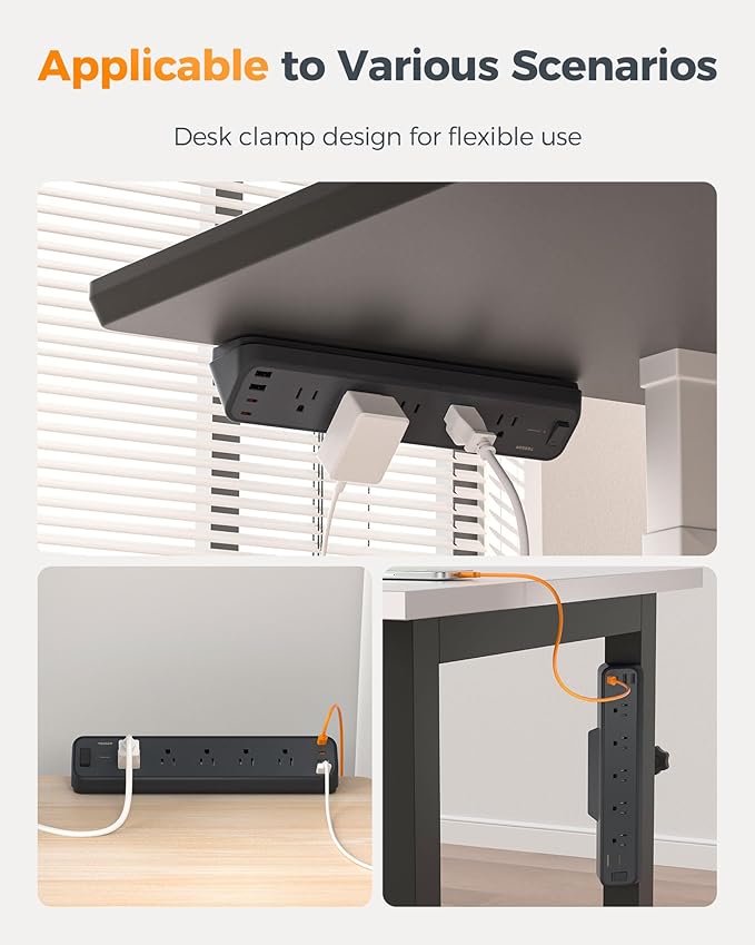 Desk Clamp Power Strip Black, TESSAN 6 Ft Flat Plug Extension Cord - Image 7
