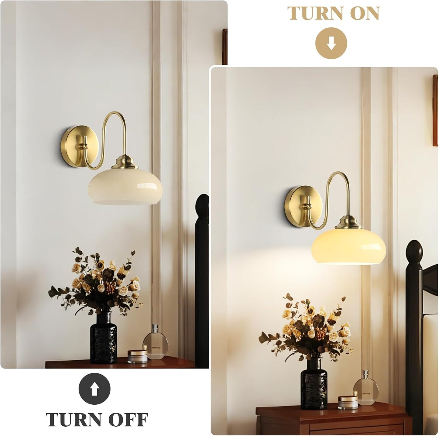 KCO Brass Gold 7.9” Vintage Cream Yellow Dome Glass Wall Sconces Set of 2 | E26 Base Hardwired, Up/Down Mounted, Mid Century Modern Gooseneck Wall Lamp for Bathroom Vanity Bedroom Hallway Entryway Bar