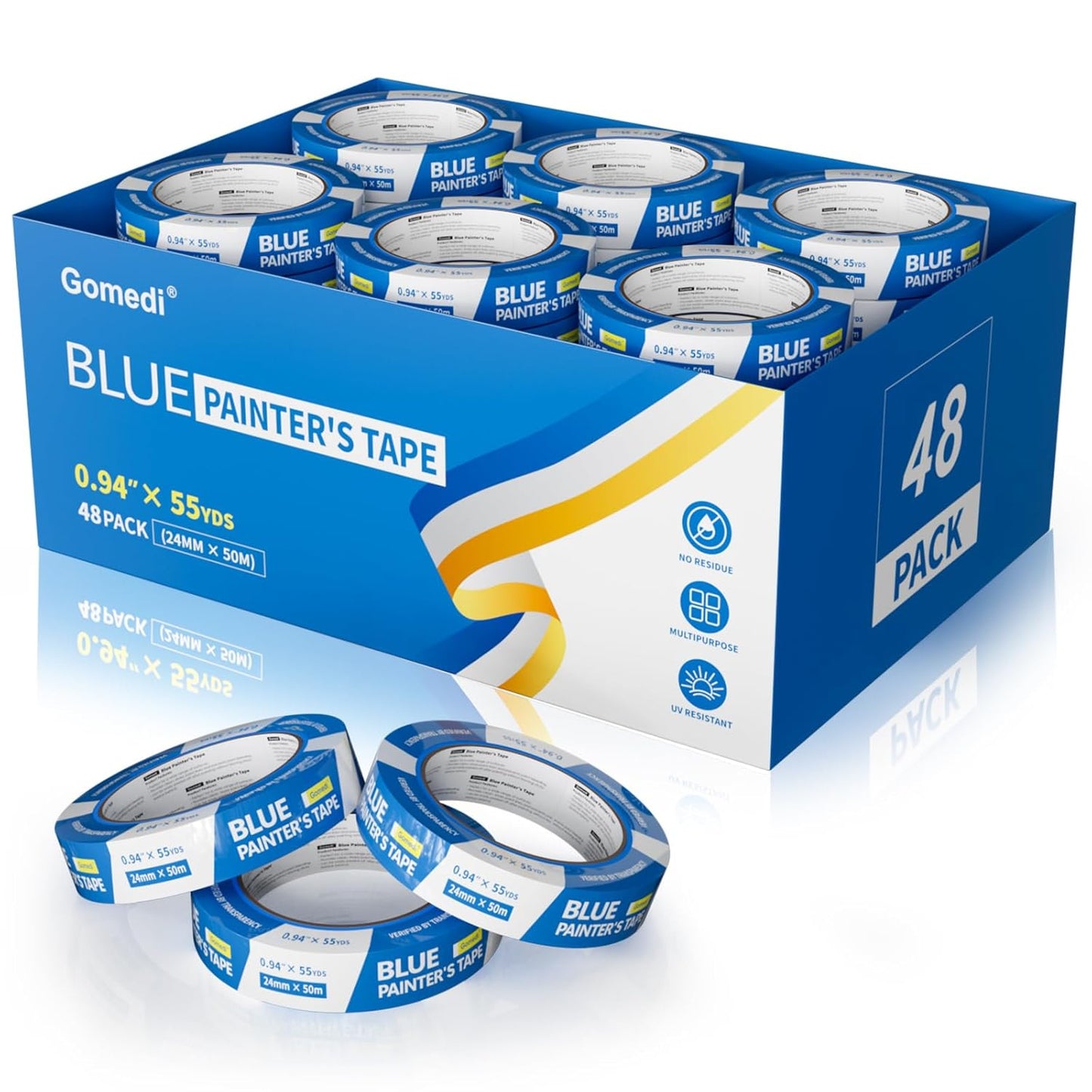 48 Rolls Blue Painters Tape 1 Inch Wide Bulk - Paint Tape UV Resistant | 0.94 In X 55 Yd Automotive & Wall Painting Tape, No Residue & Crisp Lines, Multi-Surface Use, Total 2640 Yds