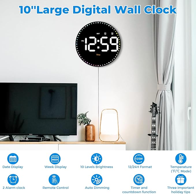 SZELAM Digital Wall Clock, Adjustable Brightness, Temperature, 12/24 H - Image 3