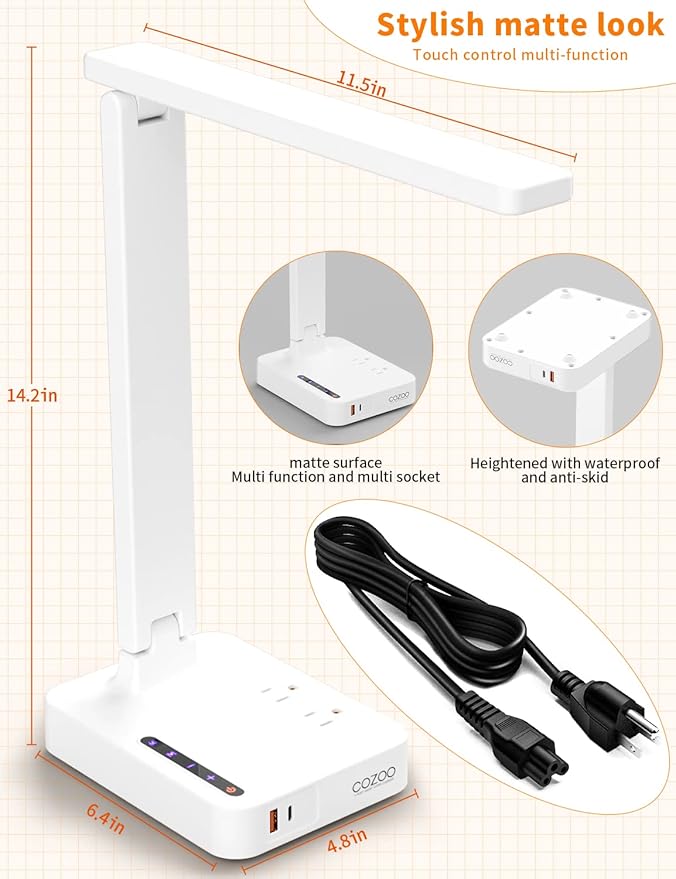 cozoo LED Desk Lamp with USB Charging Ports and Type C Port, 2 AC Outlets - Image 8