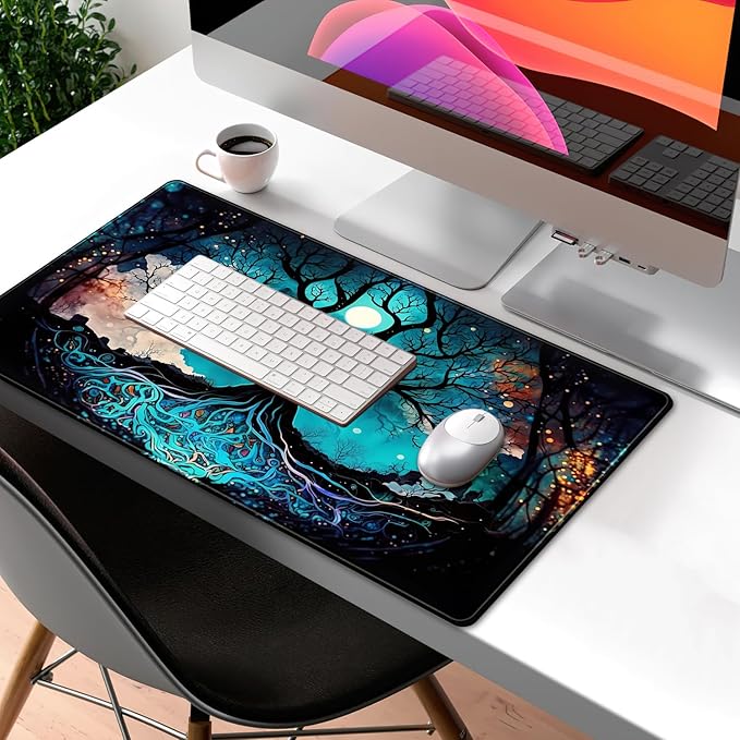 Vintage Blue AI Original Desk Mat Life Tree Aesthetics Desk Pad Large Flower - Image 7