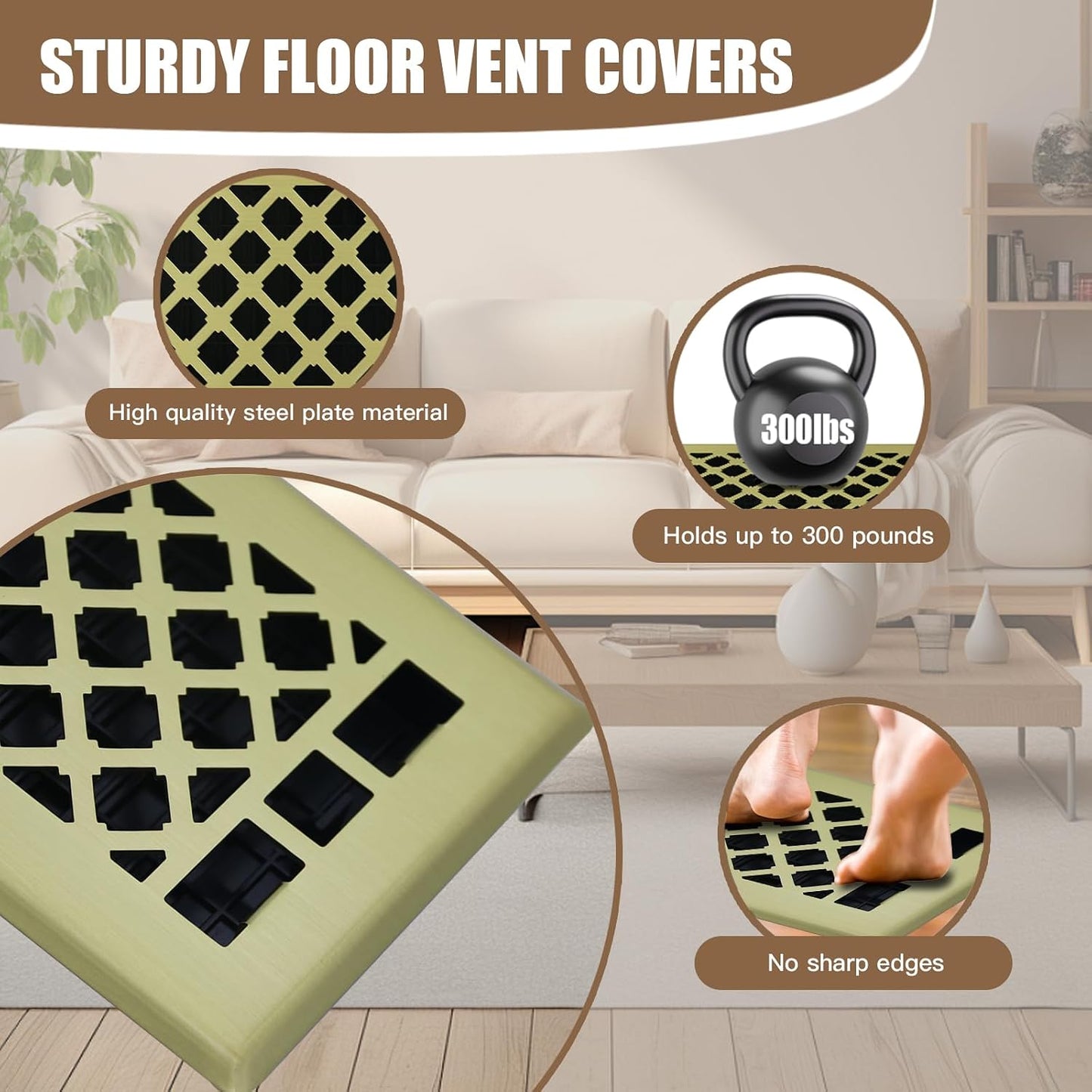 2-Pack 4x10 Decorative Floor Register Vent Cover, Brushed Gold, Lattice | Heavy-Duty Walkable Solid Steel, Adjustable Airflow Damper, Easy Drop-In Replacement